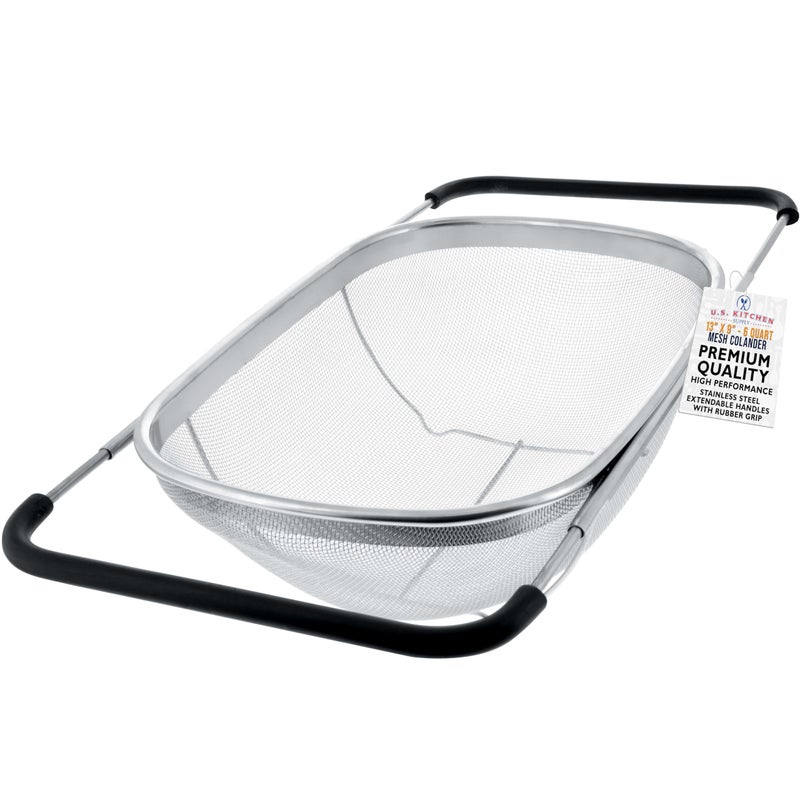 U.S. Kitchen Supply Stainless Steel Colander Strainer - 6-Quart Collapsible Colander with Expandable Rubber Handles - Rectangular Sieve, Fine Mesh Stainless Steel Strainers and Colanders for Kitchen - Image 1